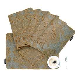 Loom and Mill Luxury Chenille Placemats, Set of 6 Modern Damask Jacquard Table Place Mats for Dining Table Kitchen Holiday Banquet Decorations, Double-Layer Dining Table Mats(Blue Gold,12x18in)