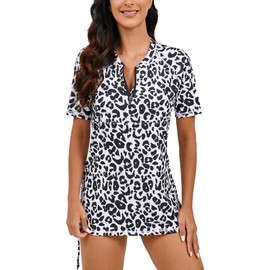 Halcurt Women's Half Zip Short Sleeve Rash Guard Swim Top with Bra Drawstring Adjustable UPF50+ Swimsuit White Black Leopard L