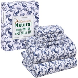 RUVANTI 6 Pcs Cotton Sheets - 100% Natural Cotton Soft, Lightweight & Breathable Crispy Percale Bed Sheets, Queen Sheet Set 16" Deep Pockets, Paisley Ornament