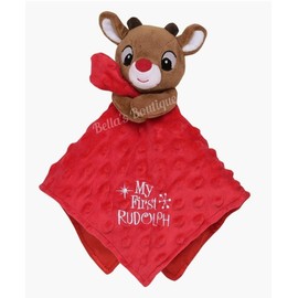Rudolph BABY PLUSH RATTLE SNUGGLE SECURITY BLANKET w/SATIN & EMBROIDERY MY FIRST RUDOLPH