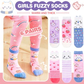 ANTSANG Kids Girls Toddlers Fuzzy Grips Socks with Grippers Non Slip Fluffy Warm Cozy Cabin Plush Crew Socks 6 Pairs(Cat,4-7 Years)