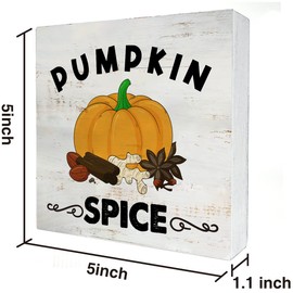 Rustic Pumpkin Spice Wood Box Sign Fall Pumpkin Autumn Wooden Box Sign Farmhouse Home Kitchen Desk Shelf Decor (5 X 5 Inch)