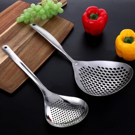 2 Pcs Skimmer Slotted Spoon, 304 Stainless Steel Skimmer Spoon Long Handle Spider Strainer Spoon Pasta Spoon Metal Ladle Spoon Fryer Scoop Wok Spatula for Cooking, Frying, Colander, Kitchen Utensils