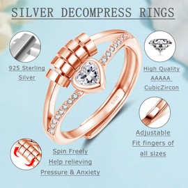 Estrellique Silver 925 Anxiety Rings, 925 Sterling Silver Anti-Stress Rings, Open Adjustable Anxiety Ring with Beads, Spinner Fidget Ring with Zirconia, Unisex Decompression Rings for Anxiety People