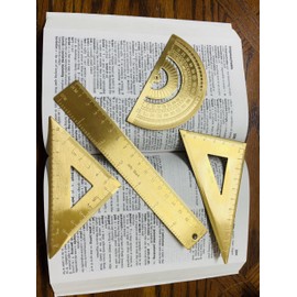 Golden Brass Ruler Stationery Set - Durable Brass Ruler (Isosceles - Right Triangular, 18cm Scale, Protractor)