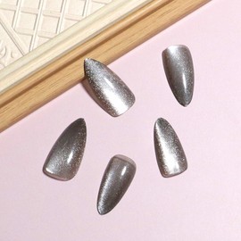 MERVF Press on Nails Almond Medium Black Cat Eye Fake Nails Goth Dark Glue ons Acrylic Nail Solid Color Design Glossy 24pcs