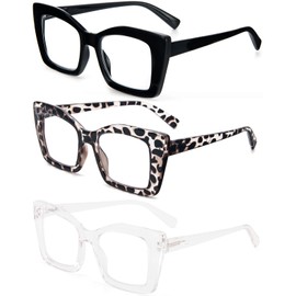 REAVEE 3 Pack Oversized Square Reading Glasses Oprah Style for Women, Blue Light Blocking Large Frame Computer Designer Fashion Readers with Spring Hinge (Black/Transparent Tortoise/Clear,1.0)