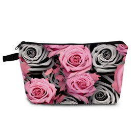 YULUENZE Grey Pink Rose Makeup Bag Cute Small Organizer Bag with Zipper Grey Pink Rose Cosmetic Bag Aesthetic Birthday Present for Women Sisters Friends -2