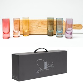Saludi Colored Shot Glasses, 2oz (Set of 6) Multi-Color Glass with Wood Paddle - Luxury, Durable, Hand-Blown, Cute, Cool, Pink, Christmas, Rainbow, Unique, Tequila