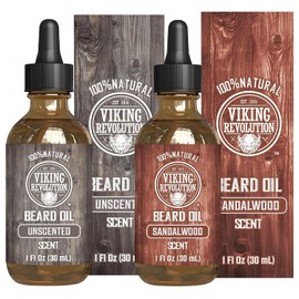 Beard Oil Conditioner- All Natural Unscented Organic Argan & Jojoba Oils - Promotes Beard Growth - Softens & Strengthens Beards and Mustaches for Men (1 Pack Sandalwood, 1 Pack Unscented)