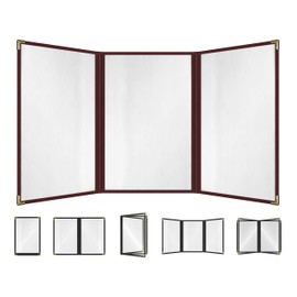 Burgundy, 25 Pack, 3 Pages / 6 Views Trifold - 8.5" x 14", Cafe Style Menu Cover, Side-Loading Double Stitched Edge, Crystal Clear Vinyl Menu Holder with Gold Decorative Corners