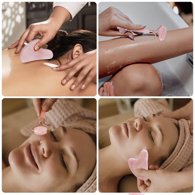 GeeRic Gua Sha and Face Roller Tool, Natural Green Jade