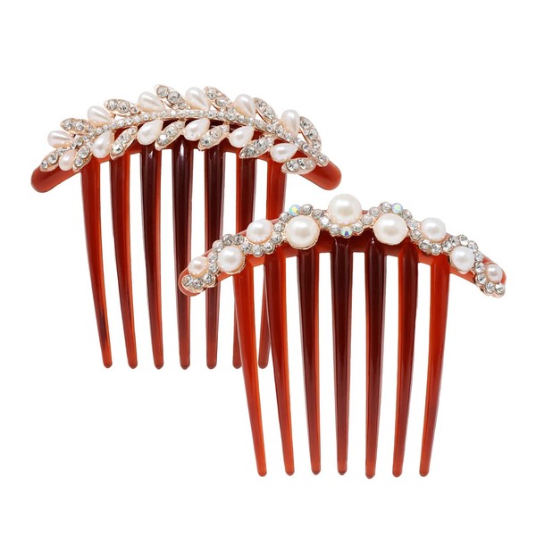 Honbay 2 Pieces Hair Side Combs with 7 Teeth, Pearl Crystal Rhinestone Flower Twist Combs, Rhinestone Flower Hairpin, Decorative Hair Combs Accessories for Women (2 Styles)