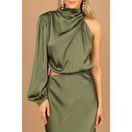 Petal & Pup Women's Amelie One Shoulder Midi Dress, Olive, Large