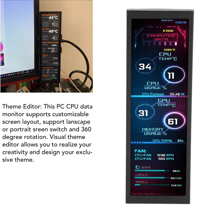 Computer RAM Monitor 7.9in IPS 1280x400 60Hz Refresh Rate Theme