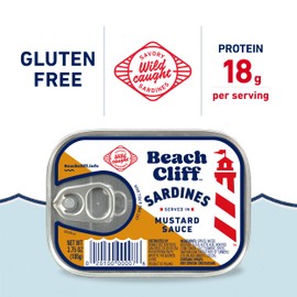 Beach Cliff Wild Caught Sardines in Mustard Sauce, 3.75 oz Can (Pack of 12) - 18g Protein per Serving - Gluten Free, Keto Friendly - Great for Pasta & Seafood Recipes