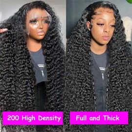 Aomllute 36 Inch Lace Front Wig Human Hair Pre Plucked 200 Density 13x4 HD Deep Wave Lace Frontal Wigs Human Hair with Baby Hair Curly Human Hair Wigs for Women Natural Black