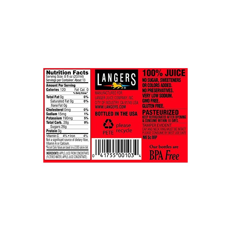 Langers 100% Juice, Apple, 101.4 Fl Oz (Pack of 4)