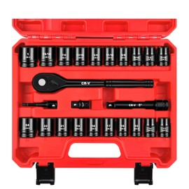 WETT 24 Piece 1/2" Drive Impact Socket Set, Shallow Socket Wrench Set, SAE/Metric (7/16"-1", 13mm-24mm), 72 Teeth Quick Release Ratchet Handle, Adapter and Extension Bar