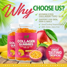 Collagen Gummies for Women & Men (90 Count) - Premium Hydrolyzed Collagen Type I & III for Hair, Skin & Nails Support - Great Tasting Tropical Flavor, Gluten-Free, Non-GMO - 90 Gummies (45 Servings)