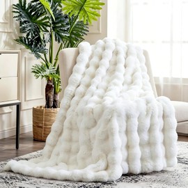 Luxury Faux Fur Throw Blanket, Plush Textured Design Bubble Blanket, Soft Cosy Cover for Sofa and Bed,Gift for Women Girls Kids and Children (White, Twin (63" x 79"))