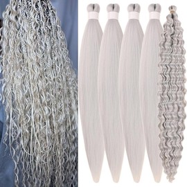 Brow Braiding Hair Pre stretched Curly Braiding Hair for Boho Braids Color 30 Knotless Hypoallergenic Ez Braids:_Silver Grey_26 Inch-Packs of 4+1
