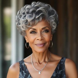 Pixie Cut Grey Wigs for Old Women Synthetic Short Curly Gray Hair Wig