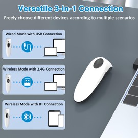 Alacrity1D 2D QR Barcode Scanner Compatible with 2.4G Wireless & Bluetooth Function & Wired Connection, Cordless Handheld Barcode Scanner Compact Plug and Play, Connect Smart Phone, Tablet, PC White