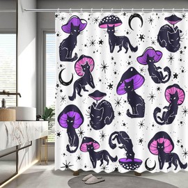 MEHOFOND Funny Cat Mushroom Shower Curtain Unique Black Cat Colorful Mushroom Shower Curtain for Bathroom Fun Hilarious 70s 80s Aesthetic Kids Art Fabric Waterproof Bathroom Decor 72 x 72 Inches