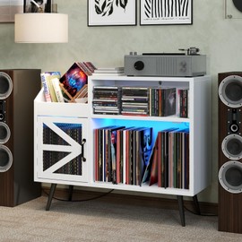 Large White Record Player Stand with Magnetic Door,350 Vinyl Record Storage Cabinet, Record Player Table with Power Outlet and LED Light,Turntable Stand with Wood Legs for Living Room