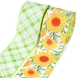 LaRibbons Floral Ribbon Wired 2 Rolls 2.5 Inch x 12 Yards TTL, Daisy Green and White Plaid Spring Summer Ribbon for Crafts Gift Wrapping Wreath Bow Decoration