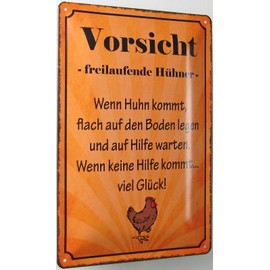 Tin Sign 20 x 30 cm Curved Caution Freilaufende Hens Sayings Decorative Gift Sign