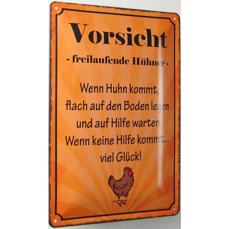 Tin Sign 20 x 30 cm Curved Caution Freilaufende Hens