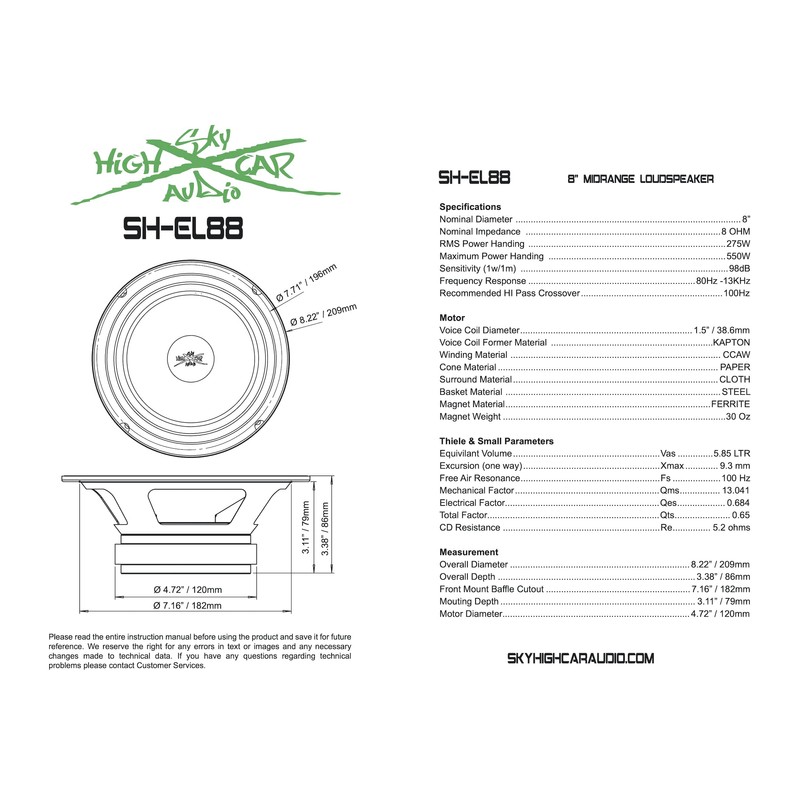 Sky High Car Audio SHCA EL88 8" Premium Quality Midrange