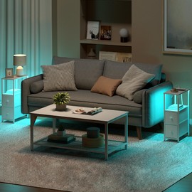 TUTOTAK Small Narrow LED End Table with Charging Station, Side Table Outlets, Nightstand with 2 Cloth Drawers, Set of 2, Couch Table, for Living Room, Bedroom, Bedside, White TB01BW056