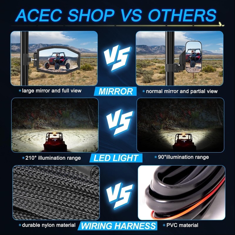 UTV Side Mirrors with LED Lights, ACEC SHOP UTV Side