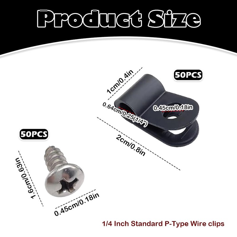 50 Pack Black Cable Clips,cable clips outdoor, 1/4'' Screw Mount