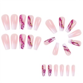 Coffin Press on Nails Medium Fake Nails with Pruple Marble Sequins Designs Full Cover Glue on Nails Glossy Acrylic False Nails Press ons Artificial Stick on Nails for Women 24 Pcs