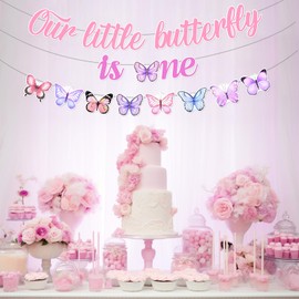 Our Little Butterfly is One Banner Butterfly Party Decorations Pink Butterfly 1st Birthday Banner Spring Butterfly Garland for Girls First Birthday Party Supplies