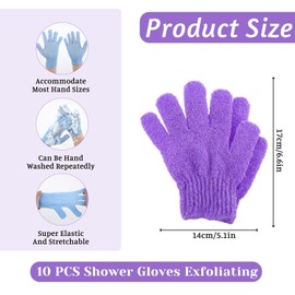 Molain Pack of 10 exfoliating gloves, exfoliating gloves, wash mitt, bath gloves, body shower glove, exfoliating body, bath accessories, 5 colours