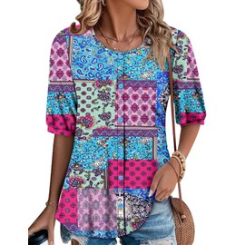 Plus Size Women Blue Blocks Tunic Short Sleeve Blouse O Neck Summer Comfy Flowy Shirts 3XL