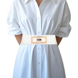 JAMAKALA White Elastic Belts for Women, Wide Waist Belts for Women, Fashion Ladies Belts for Dresses, Vintage Stretch Belts with Gold Buckle