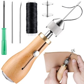 Leather Sewing Tool Set, Leather Stitch Sewing Awl + Waxed Thread + Curved and Tapered Needles, Built-in Spool DIY Craft Leather Sewing Kit with Screwdriver, Leather Sewing Accessories