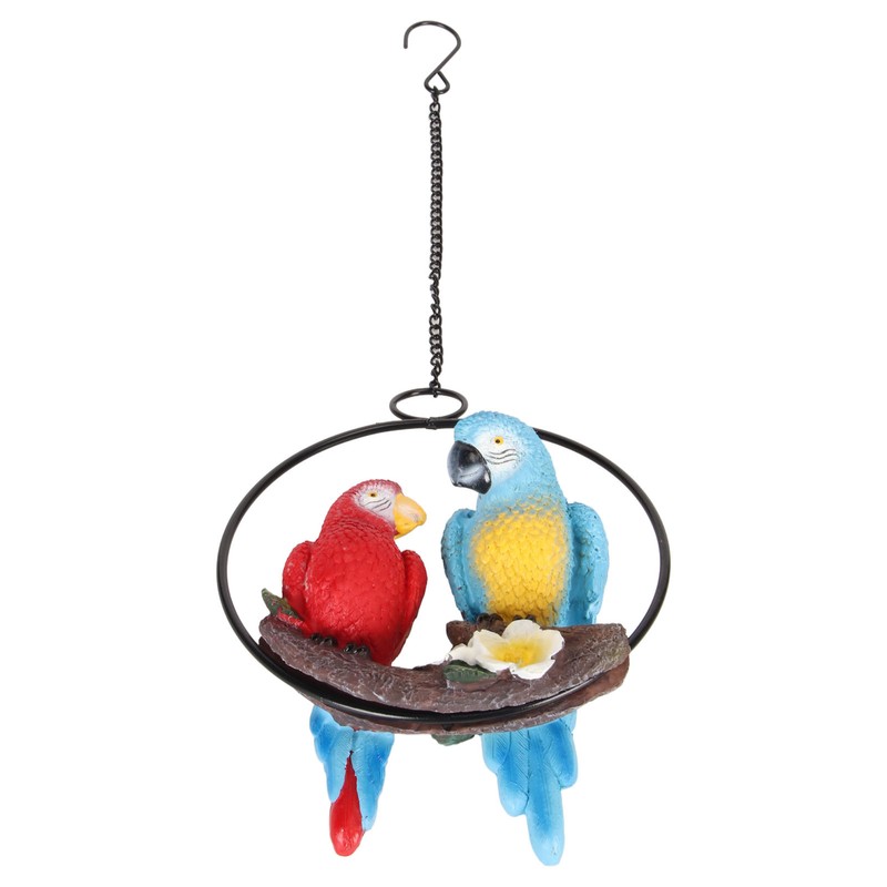 Metal Ring Double Parrot Statue Decorative Resin Perching On Branch