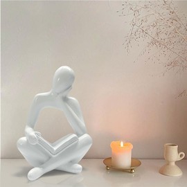 Abstract Sculpture Thinker Statue - Modern Aesthetic Home Decor for Living Room, Office Desk, Bookshelf Decor - Minimalist Art Figurine for Shelf Decorations - Gift Idea for Birthday (White Right)