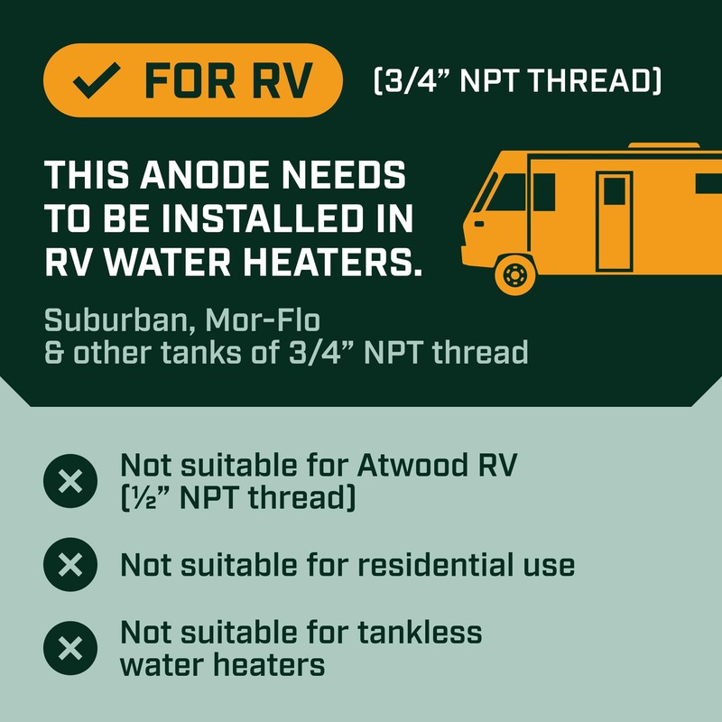 Corro-Protec RV Anode Rod for Hot Water Heater, 20-Year Warranty