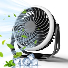 dovecina Mini Ventilator,USB Ventilator Ultra Leise,Tragbarer Tischventilator 360° Rotieren,3 Geschwindigkeiten,LED-Licht,2500mAh Akku,für Büros,Schlafzimmer,Zelt,Reisen (Schwarz)