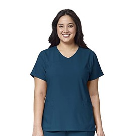 WonderWink W123 Women's Y-Neck Wrap Scrub Top, Caribbean Blue, XXS