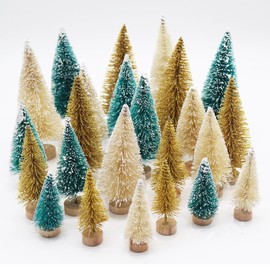 WAIZHIUA 24Pcs Miniature Christmas Tree, 3 Color Mini Artificial Snow Frost Trees Green Sisal Trees, Plastic Winter Ornaments Tabletop Model Trees for Christmas DIY Craft Party Decoration (4 Size)