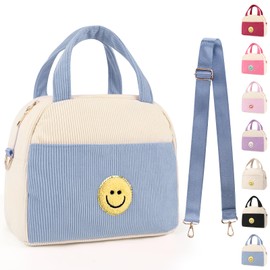 Kids Lunch Bag Lunch Box for Teen Girls Boys Back to School, Cute Preppy Lunchbox With Adjustable Shoulder Strap, Insulated Corduroy Lunch-Boxes Lunch-Bags for Women Work Picnic (Blue)